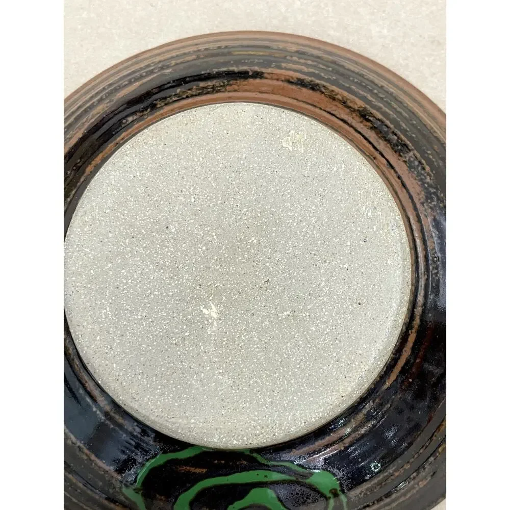 Studio Pottery Handcrafted Brown Glazed Bowl Green Swirl Abstract 7.75in Artisan